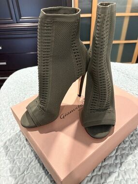 Gianvito Rossi Olive Knit Peep-Toe Stiletto Booties